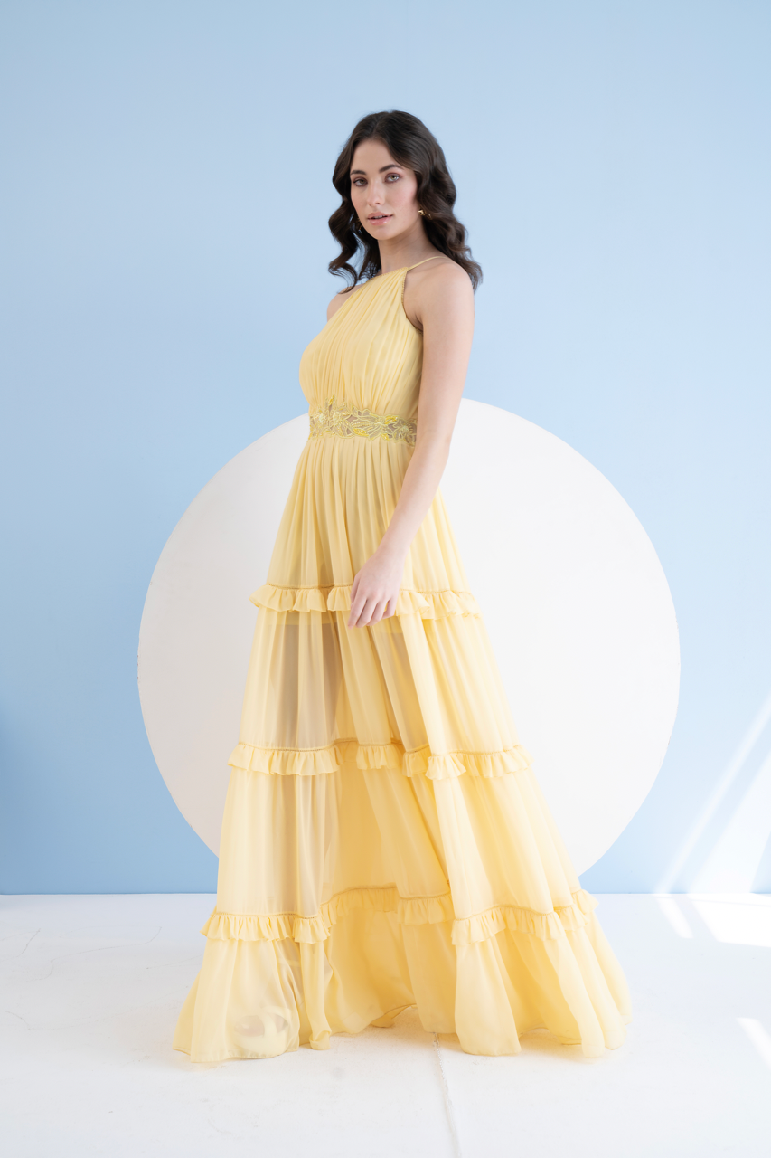 Yellow Halter Neck Long Dress In Georgette With Embroidery And, Frill Detail