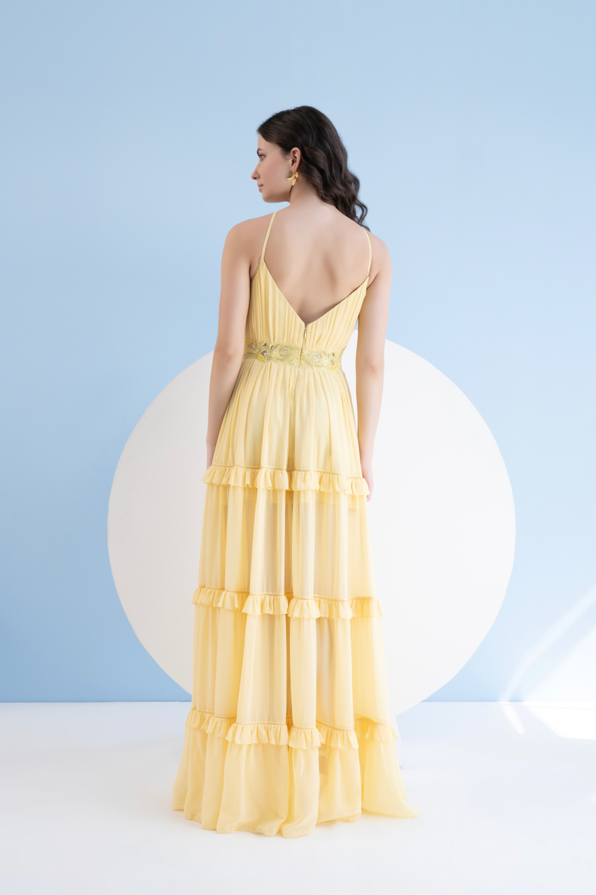 Yellow Halter Neck Long Dress In Georgette With Embroidery And Frill D