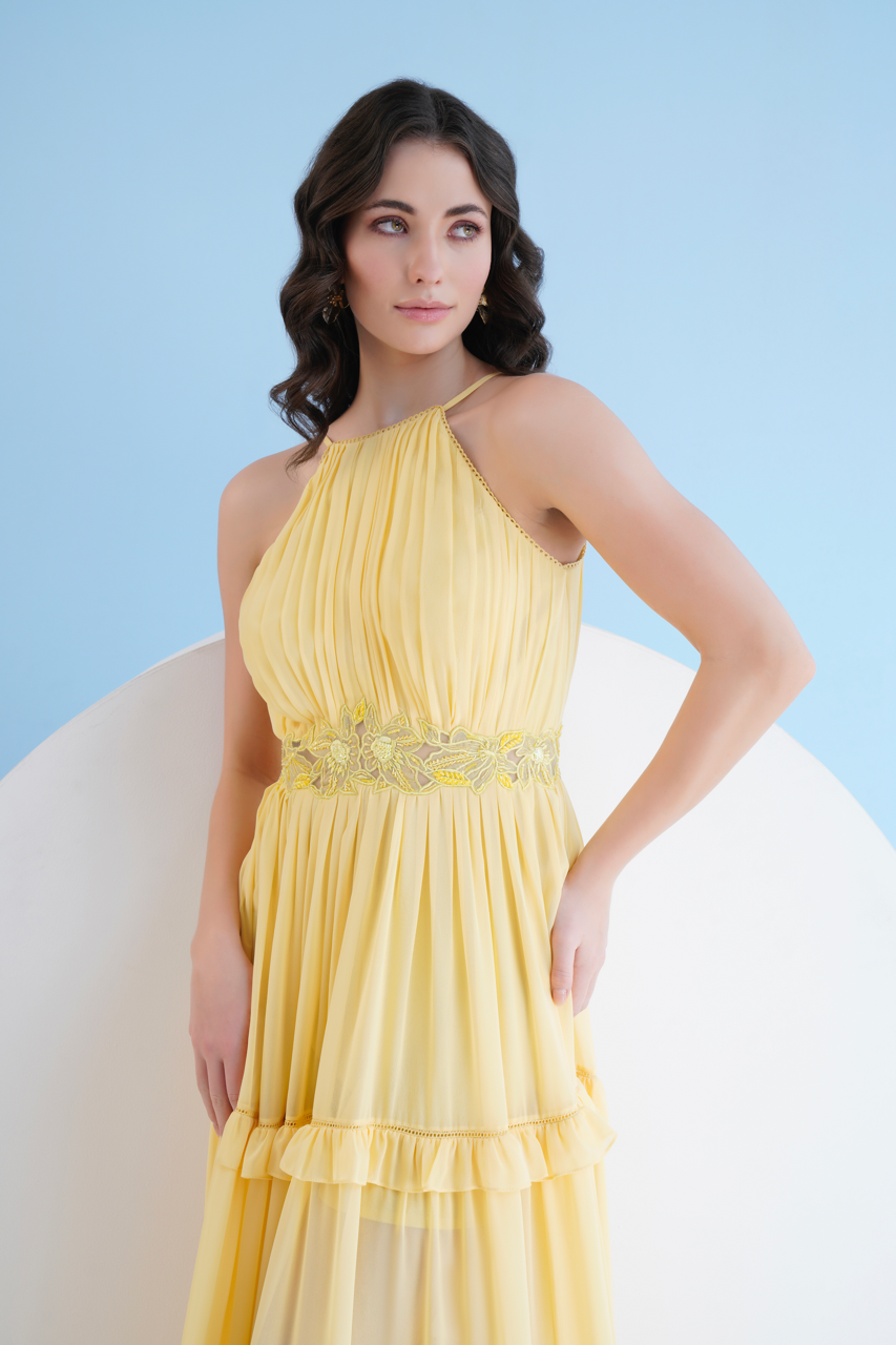 Yellow Halter Neck Long Dress In Georgette With Embroidery And
Frill Detail