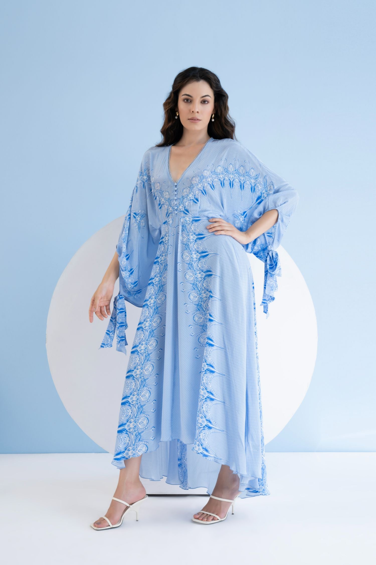 Ice Fly Printed High Low Dress With Kaftan Sleeves