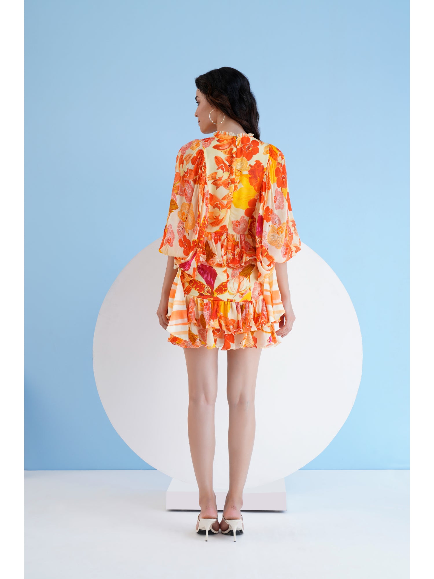 Orange Orchid Printed Short Tiered Dress With Baloon Sleeves