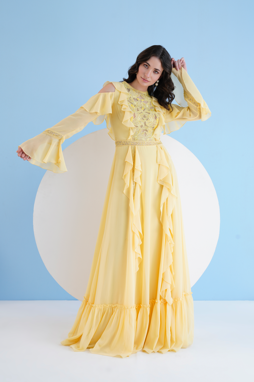 Yellow Long Dress With Shoulder Cutout And Lace Detail