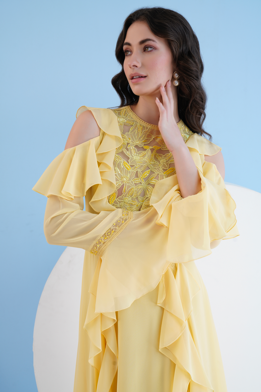 Yellow Long Dress With Shoulder Cutout And Lace Detail