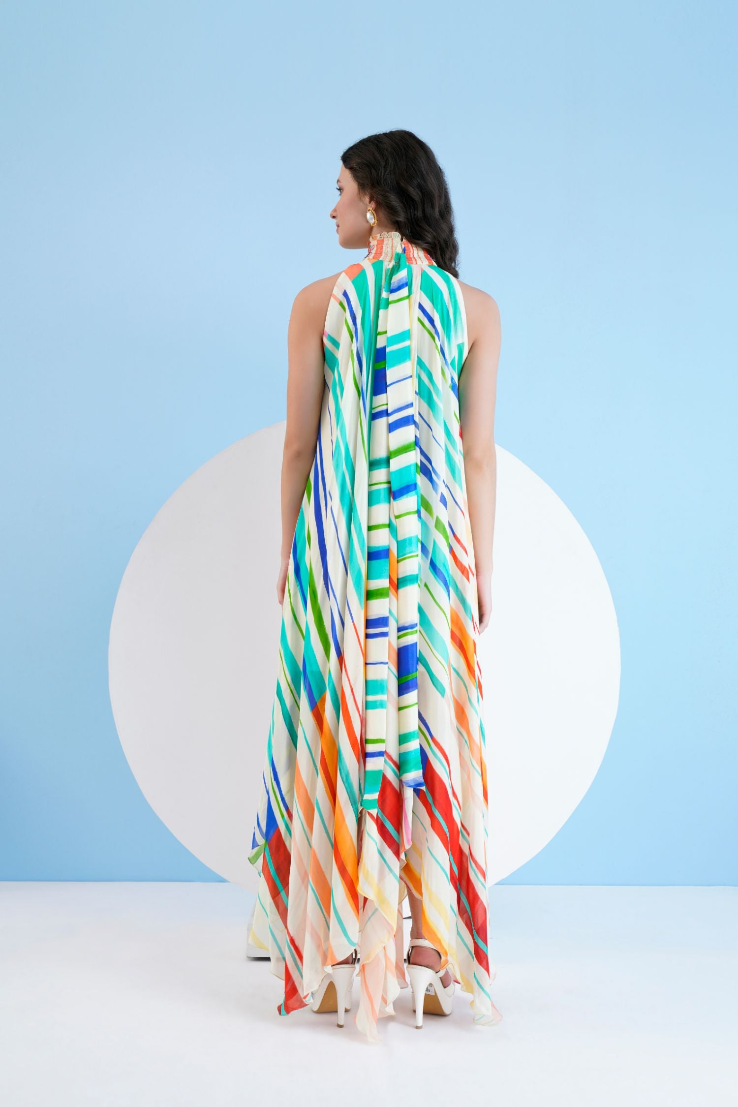 Multi mystic line printed halter neck assymetric
Dress