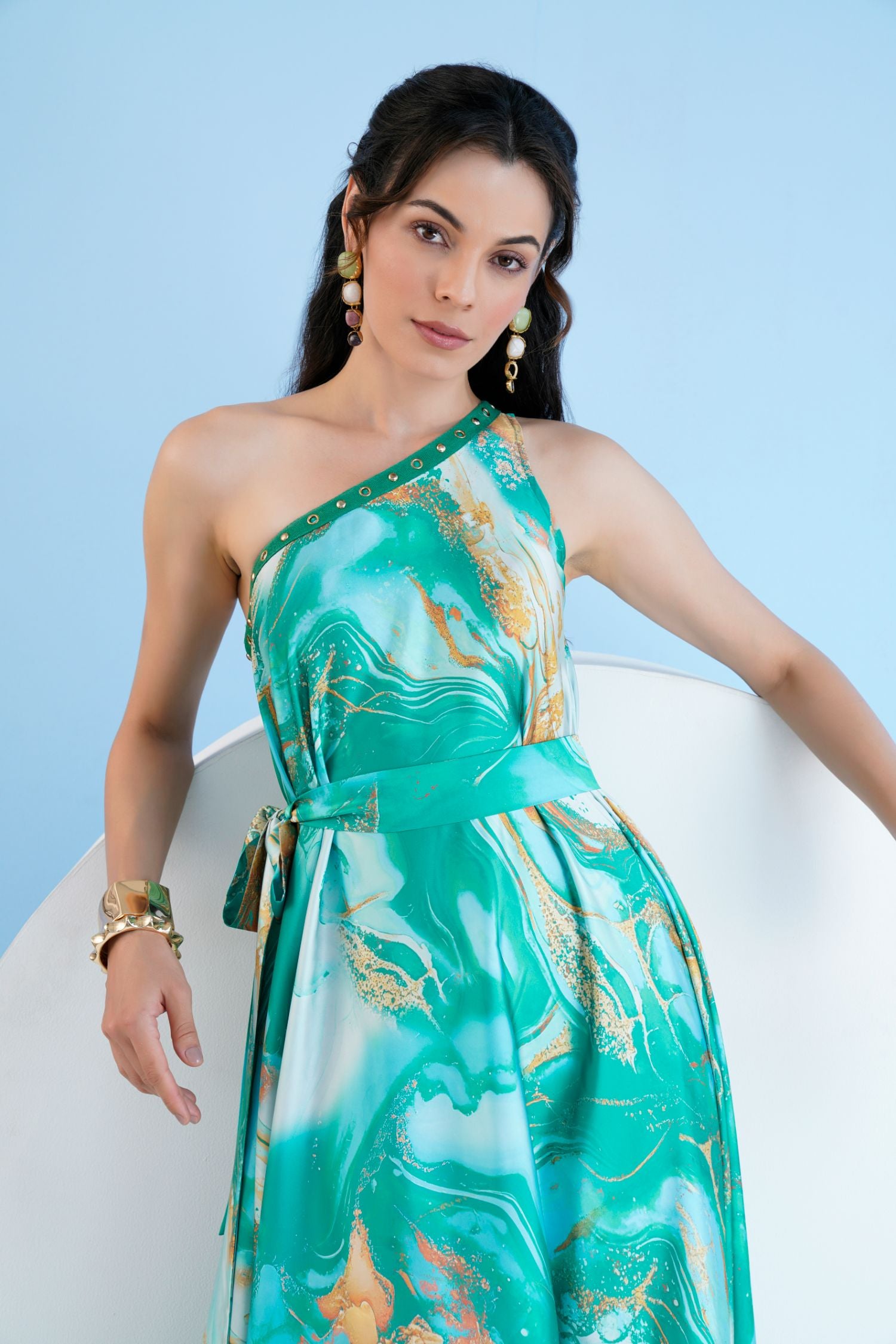 Green trippy romance printed one shoulder kaftan dress