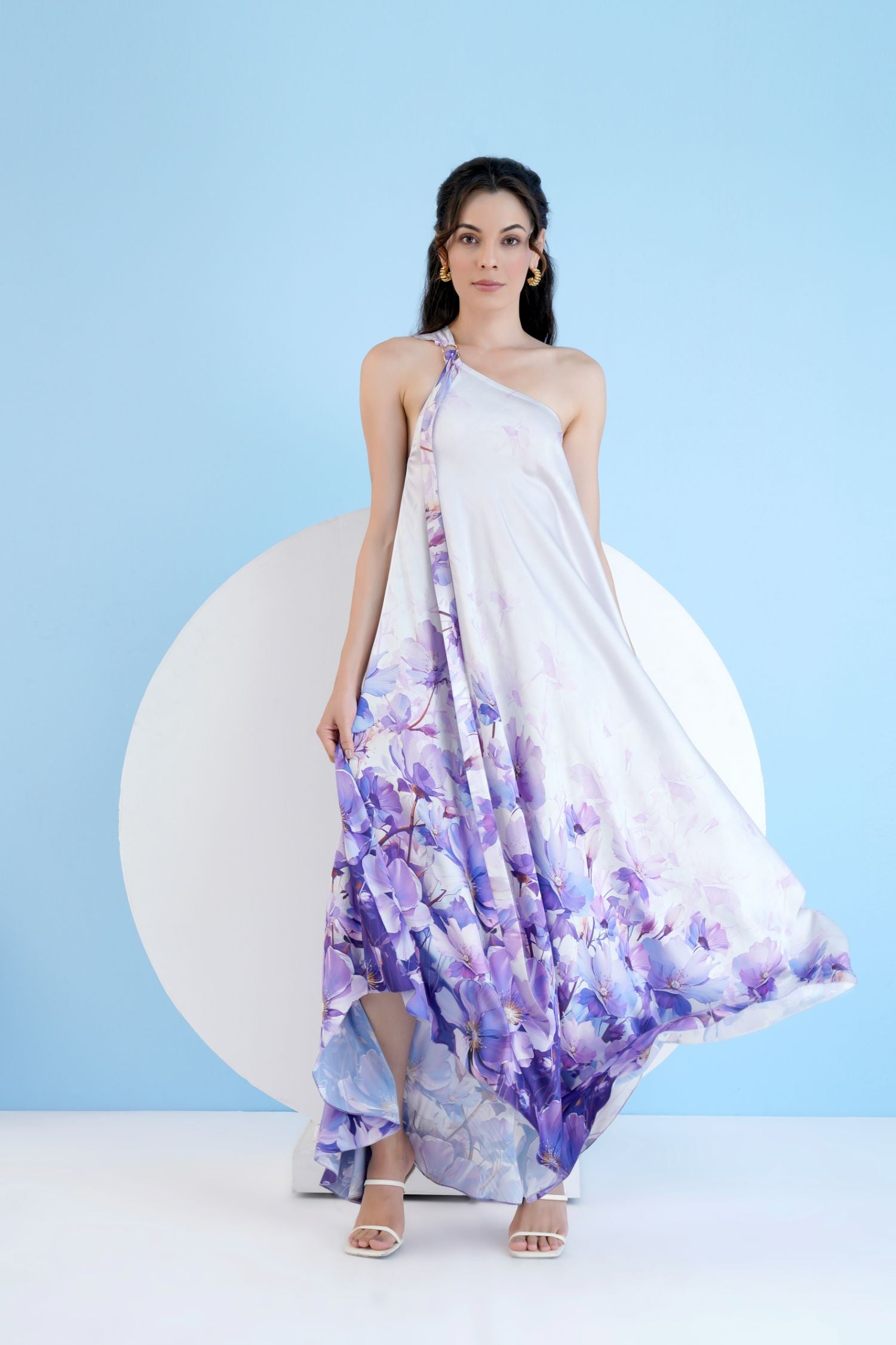 Lilac Bauhinia Printed One Shoulder High Low Kaftan Dress