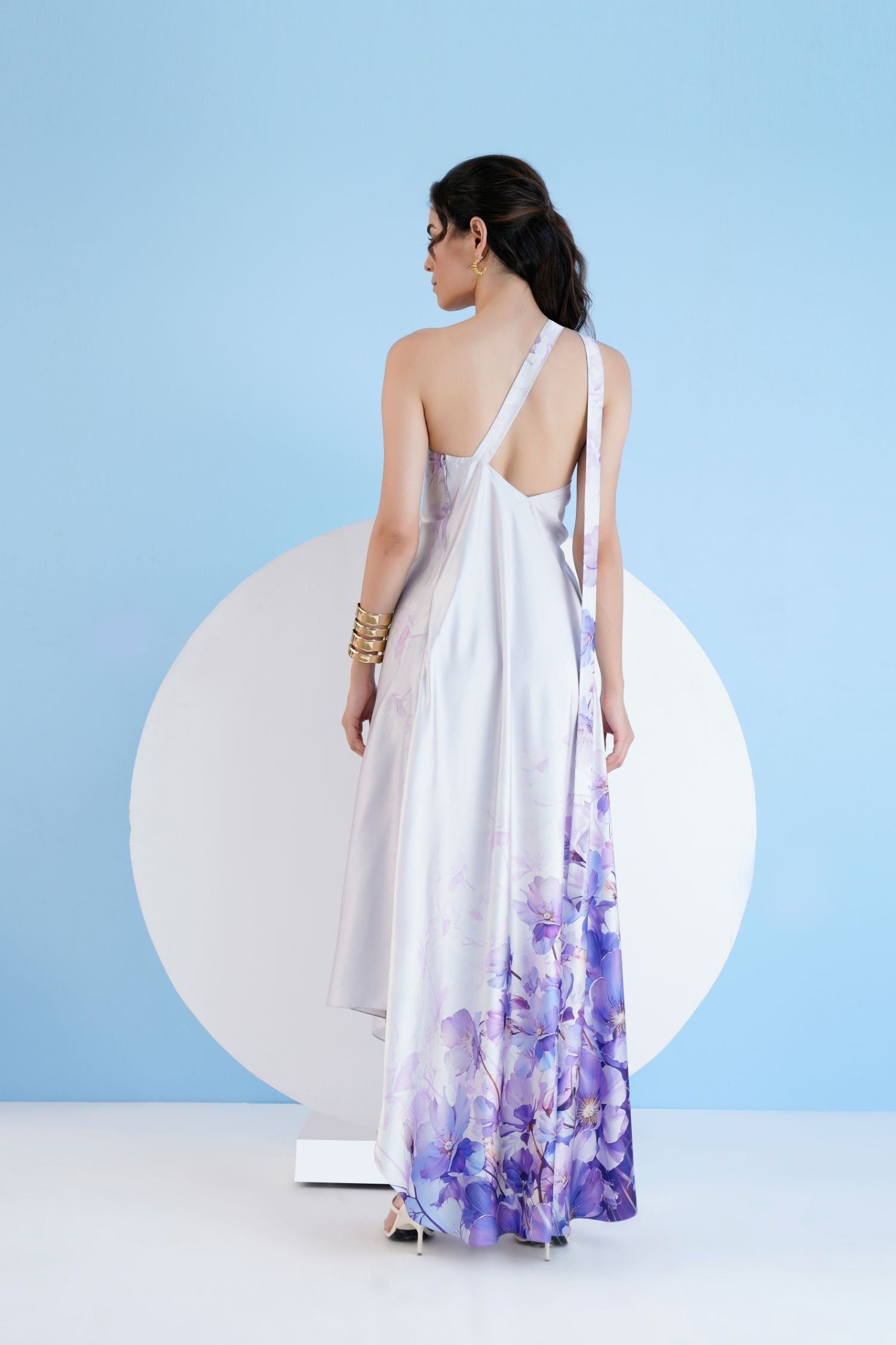 Lilac Bauhinia Printed One Shoulder High Low Kaftan Dress