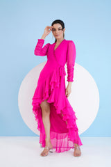 Dark pink asymmetric wrap maxi dress