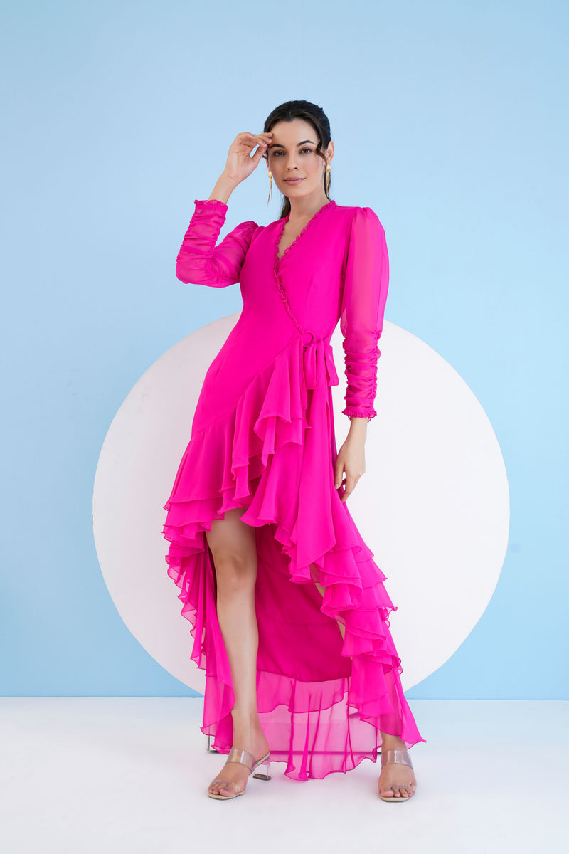 Dark pink asymmetric wrap maxi dress