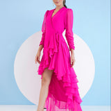 Dark Pink Asymmetric Wrap Maxi Dress