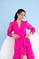 Dark pink asymmetric wrap maxi dress