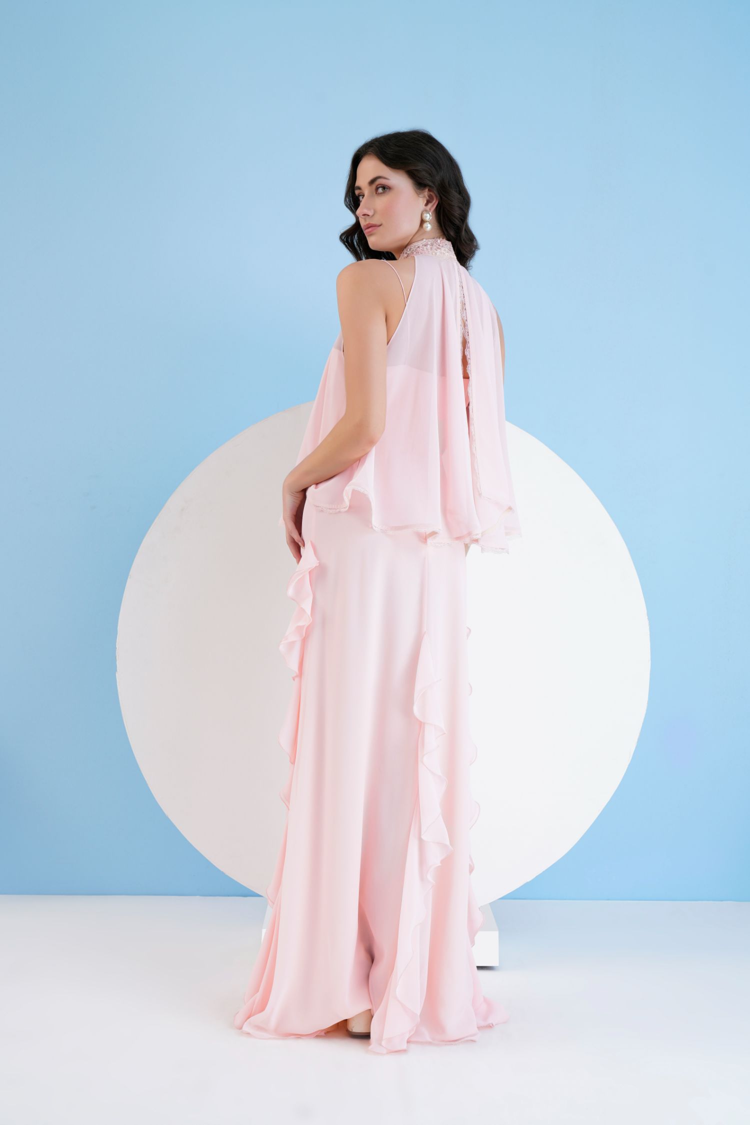 Pink Long Dress With Short Embroidered Cape