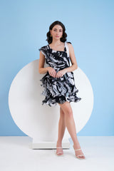 Black printed tiered short dress