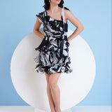 Black Printed Tiered Short Dress