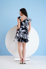 Black printed tiered short dress