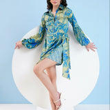Gold Foil Printed Short Dress with Belt
