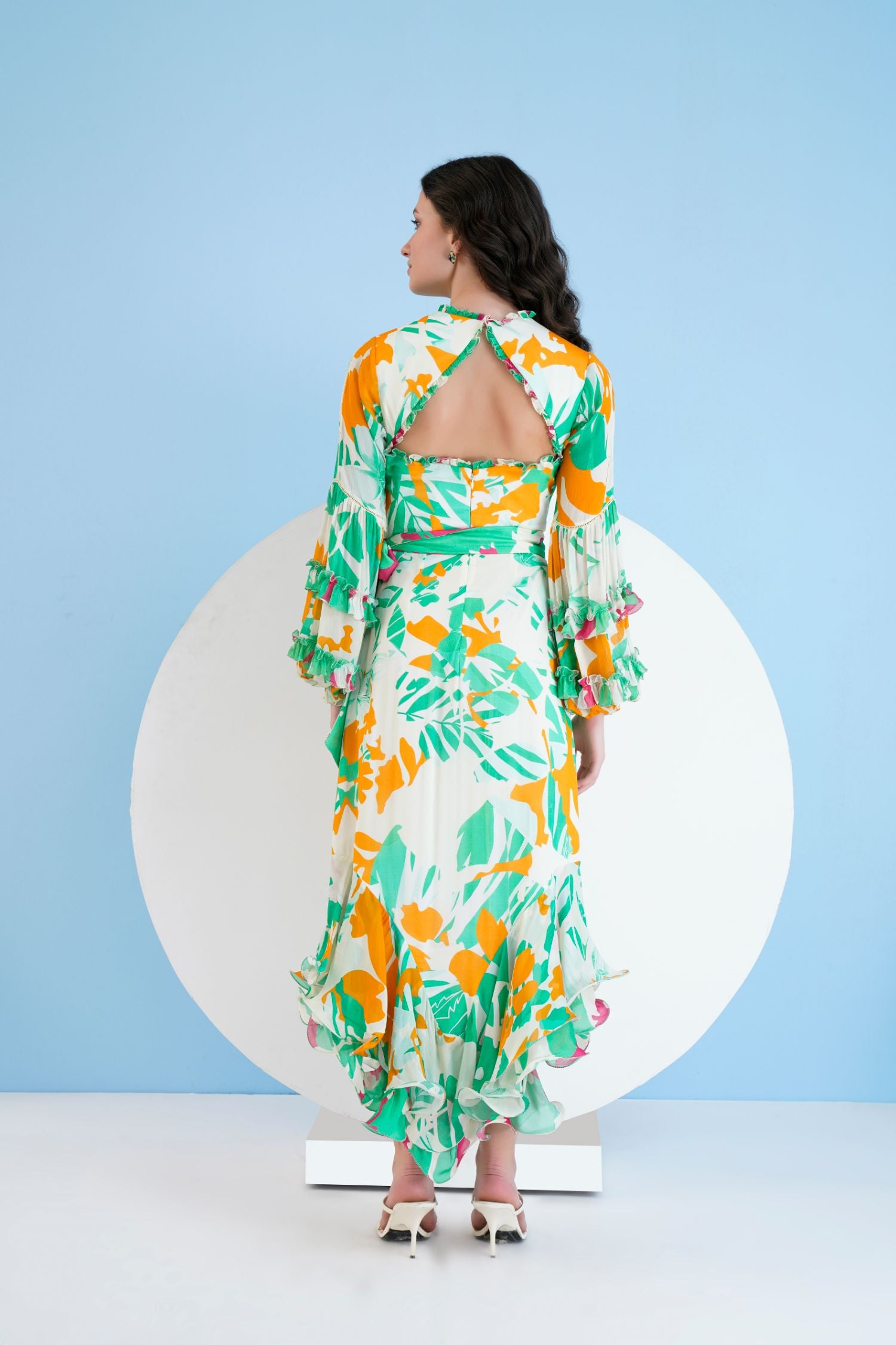 Printed High Low Dress With Frilled Puff Sleeves And
Constructed Yoke