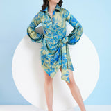 Gold Foil Printed Short Dress with Belt