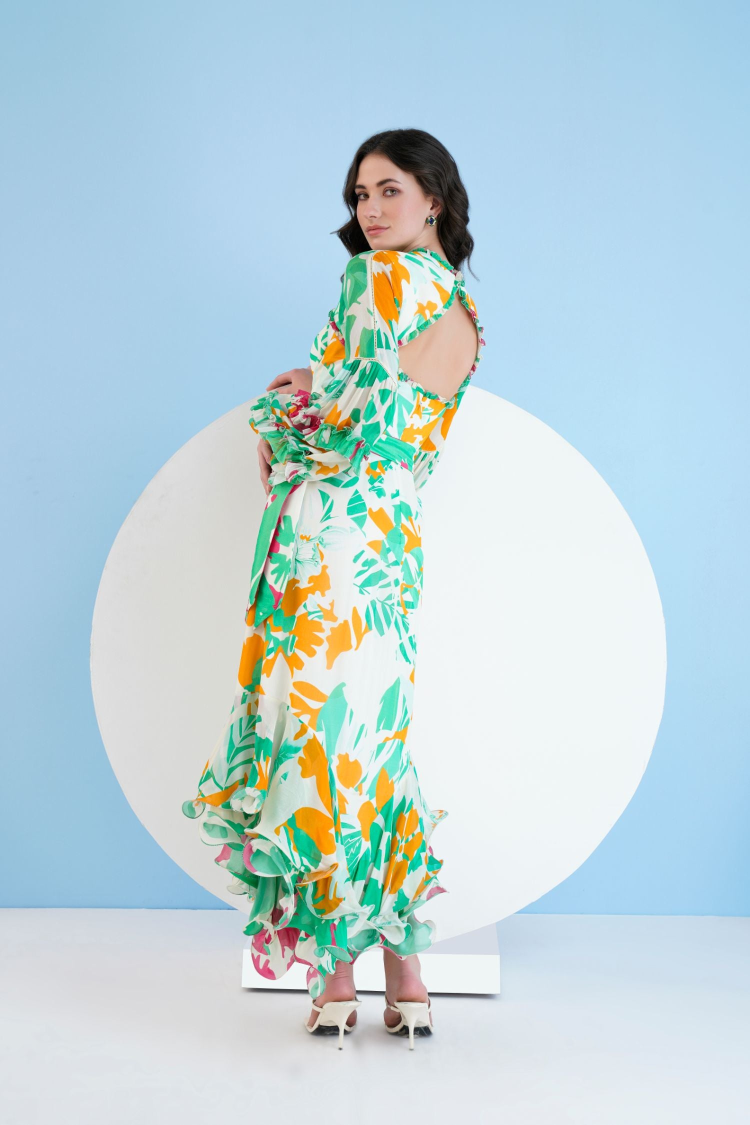 Printed High Low Dress With Frilled Puff Sleeves And
Constructed Yoke