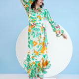 Mustard Green Floret Spring Asymmetric Dress