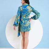Gold Foil Printed Short Dress with Belt