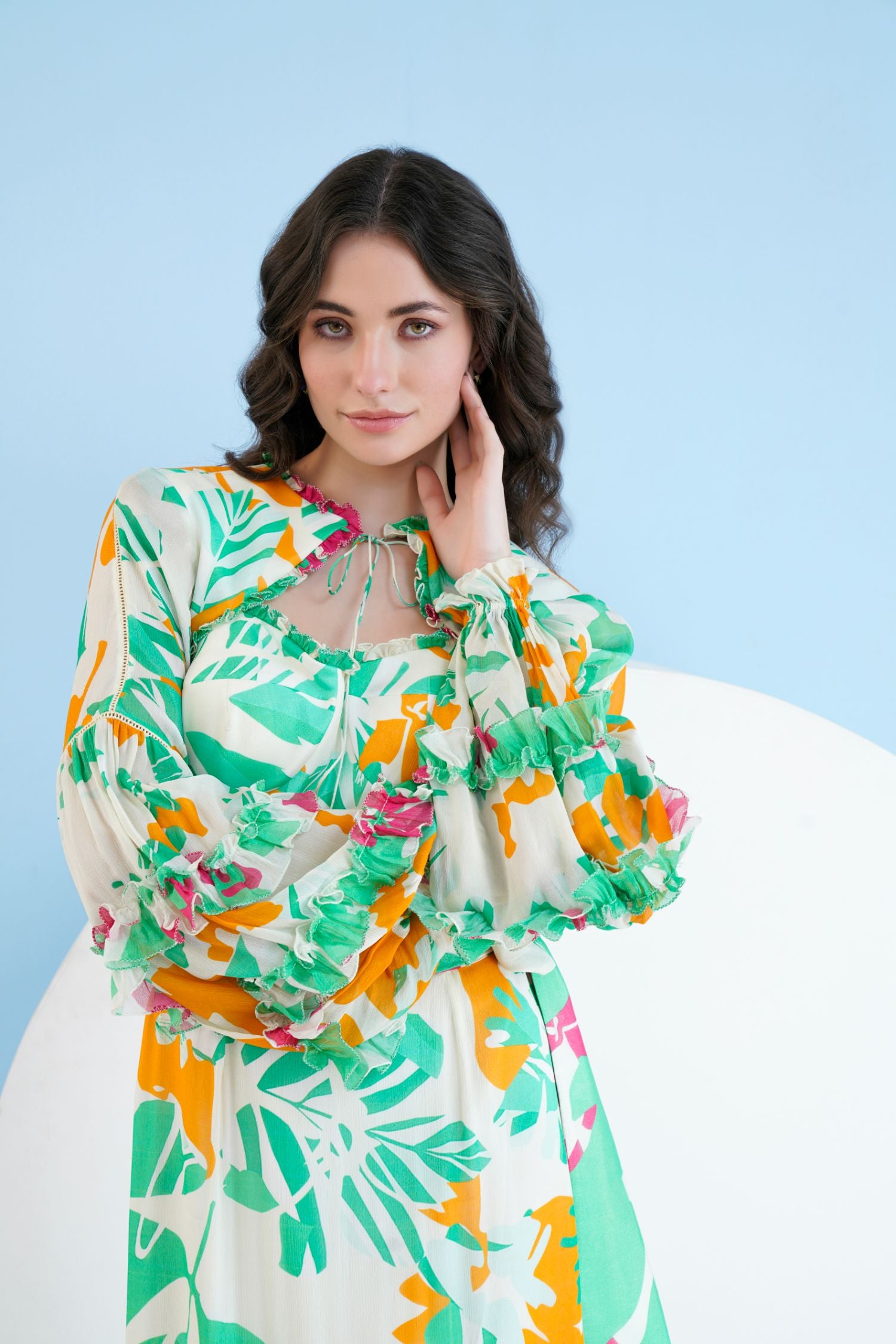 Printed High Low Dress With Frilled Puff Sleeves And
Constructed Yoke
