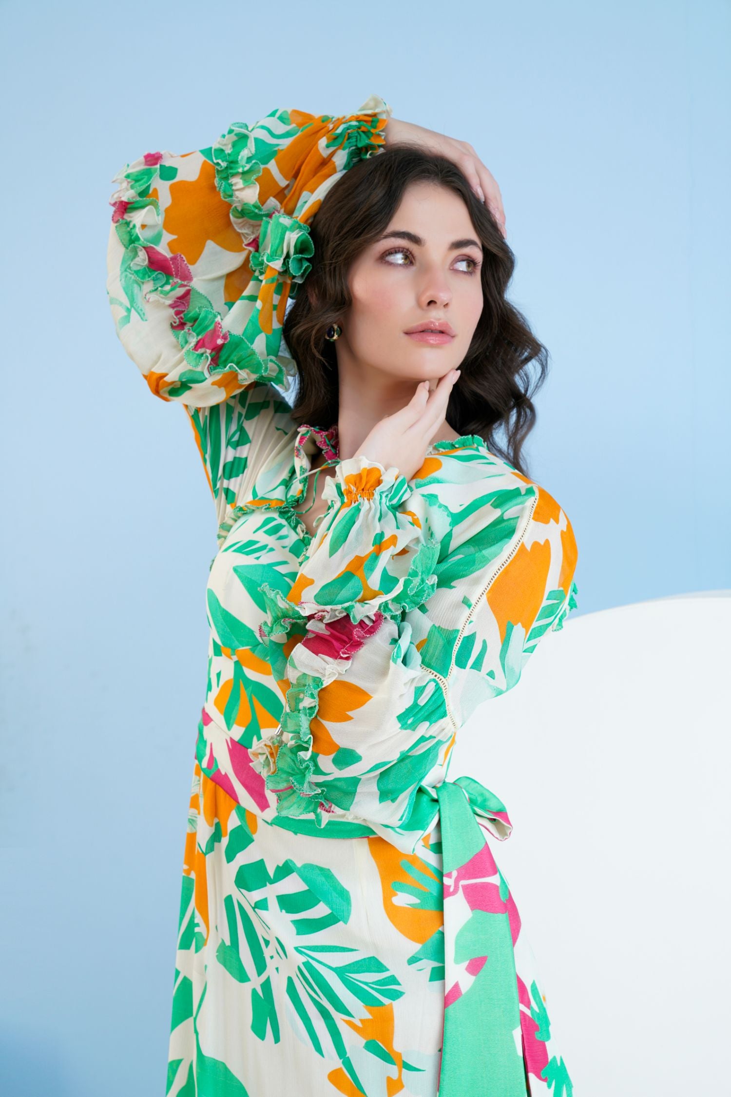 Printed High Low Dress With Frilled Puff Sleeves And
Constructed Yoke