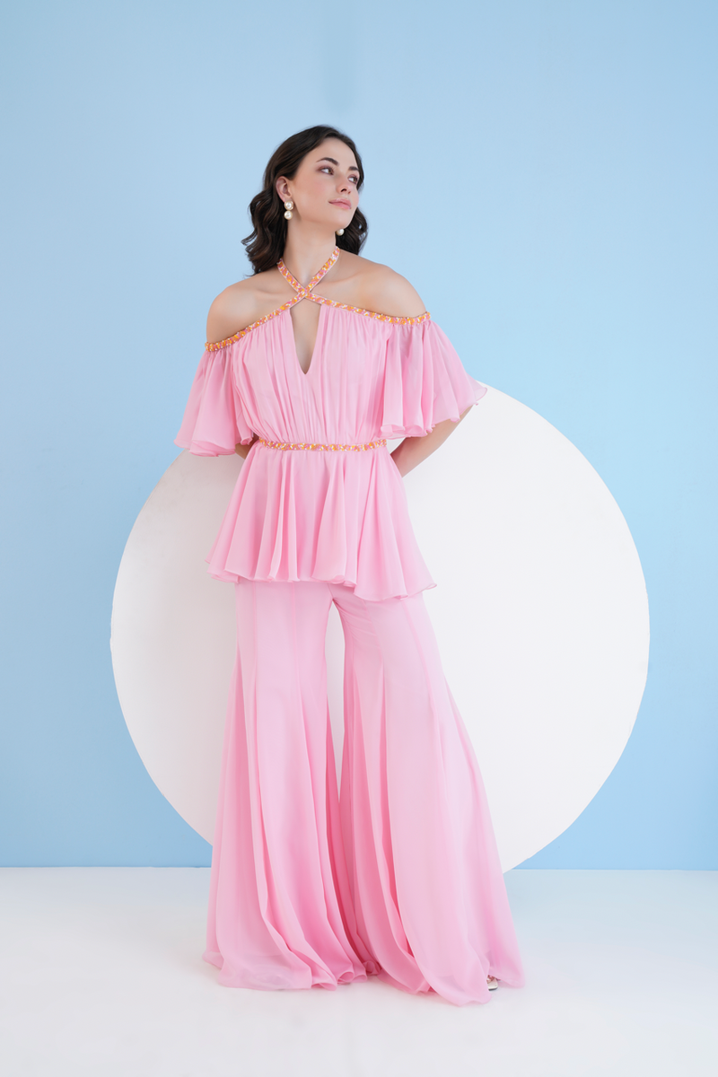 Solid Pink Embroidered Jumpsuit