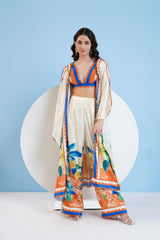 Vivid Floral Cape & Pants Set With Bustier