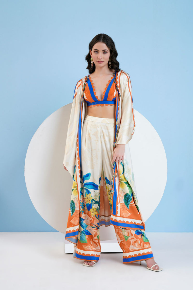Vivid Floral Cape & Pants Set With Bustier