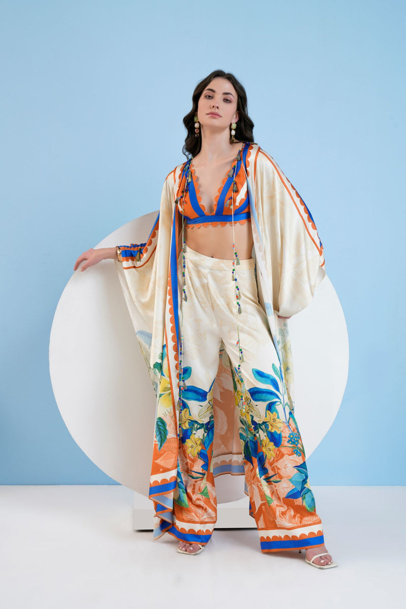Vivid Floral Cape & Pants Set With Bustier
