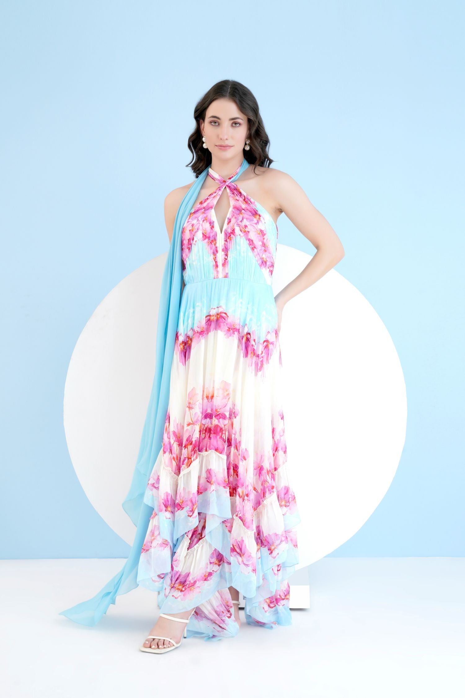 Pink Dune Printed High Low Dress With Cross Neckline