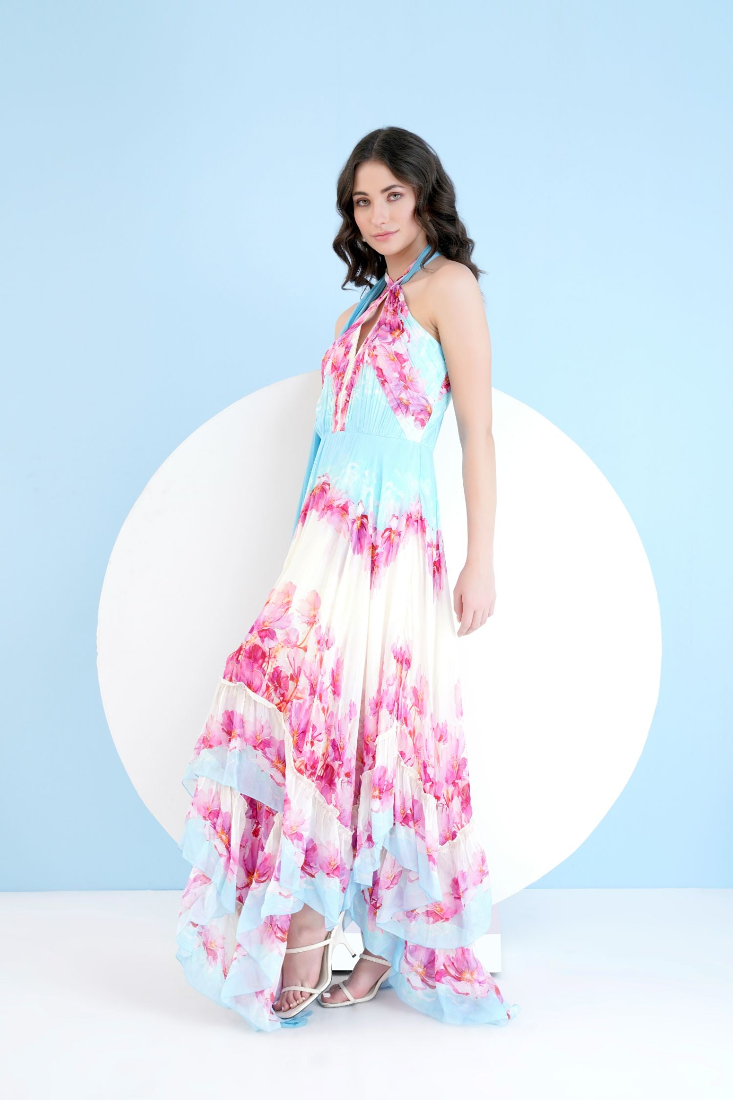 Pink Dune Printed High Low Dress With Cross Neckline