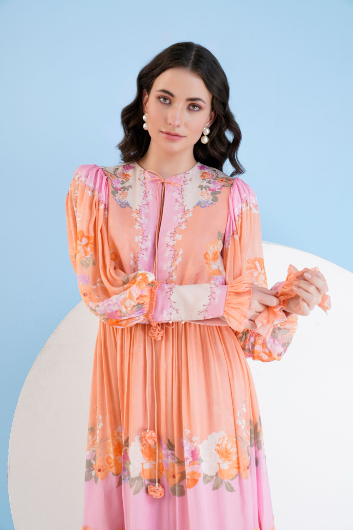 Orange Corsage Printed Calf Length Chiffon Dress