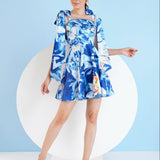 Blue Botanical Foliage Mini Dress