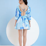 Blue Cotton Short Dress with Knot Detailing