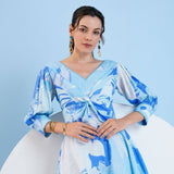 Blue Cotton Short Dress with Knot Detailing