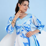 Blue Cotton Short Dress with Knot Detailing