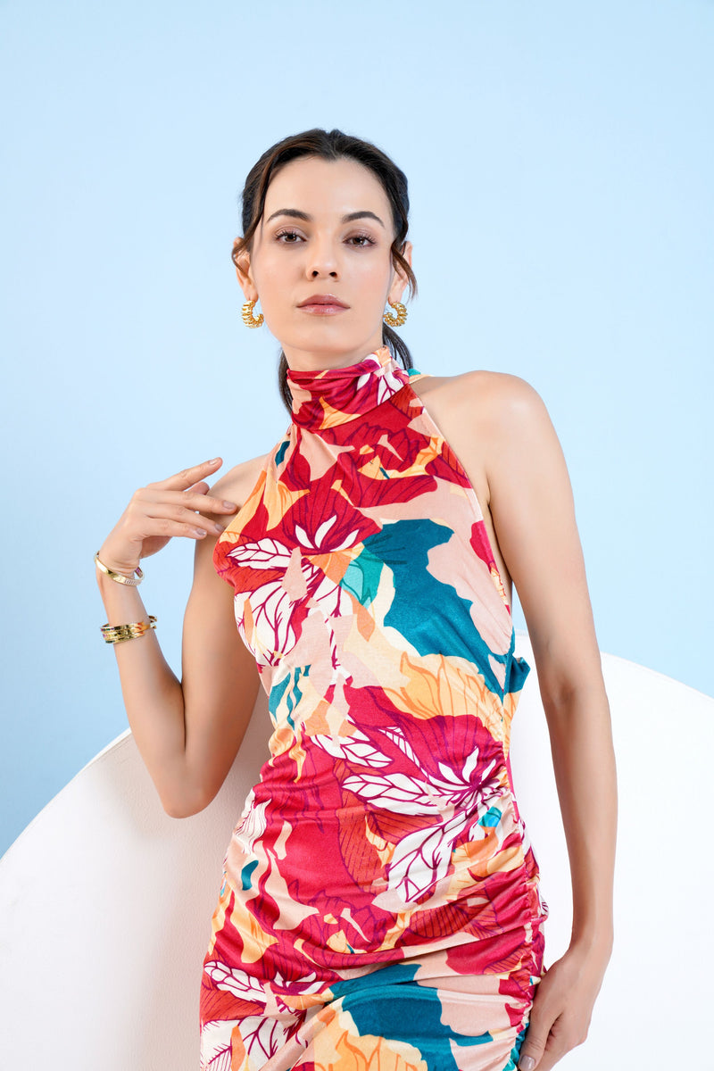 Halter neck velvet bodycon dress