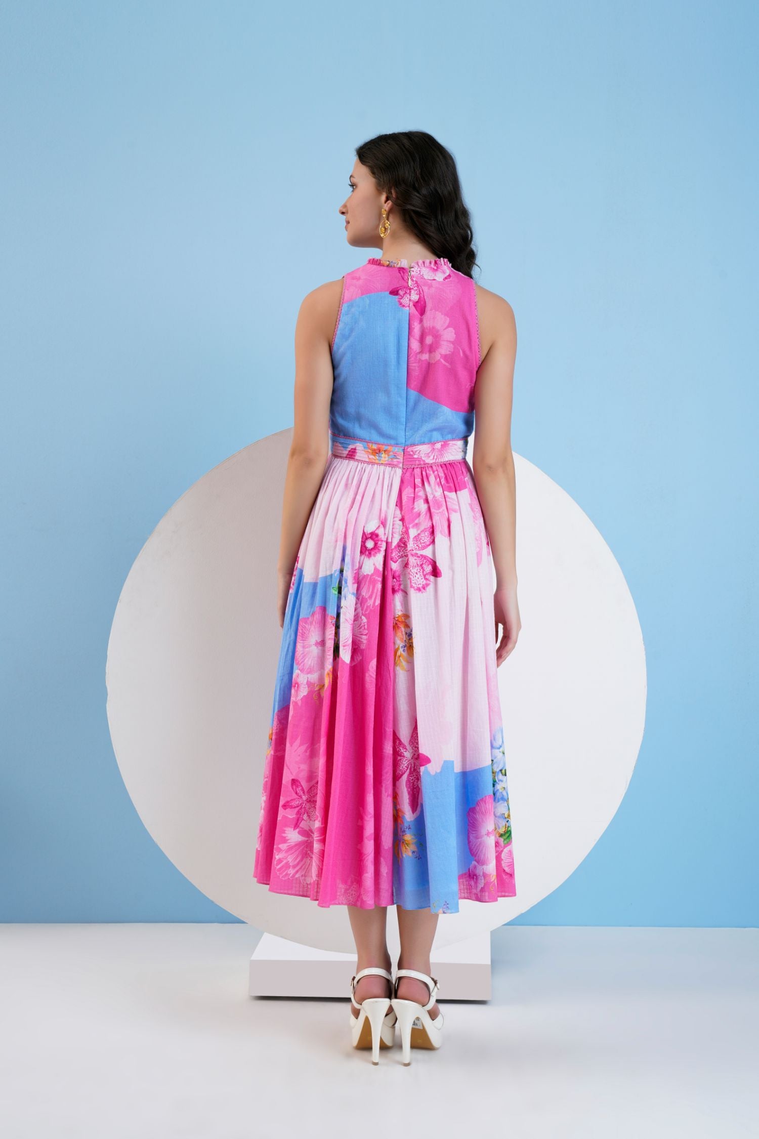 Pastoral Printed Cotton Check Calf Length Dress