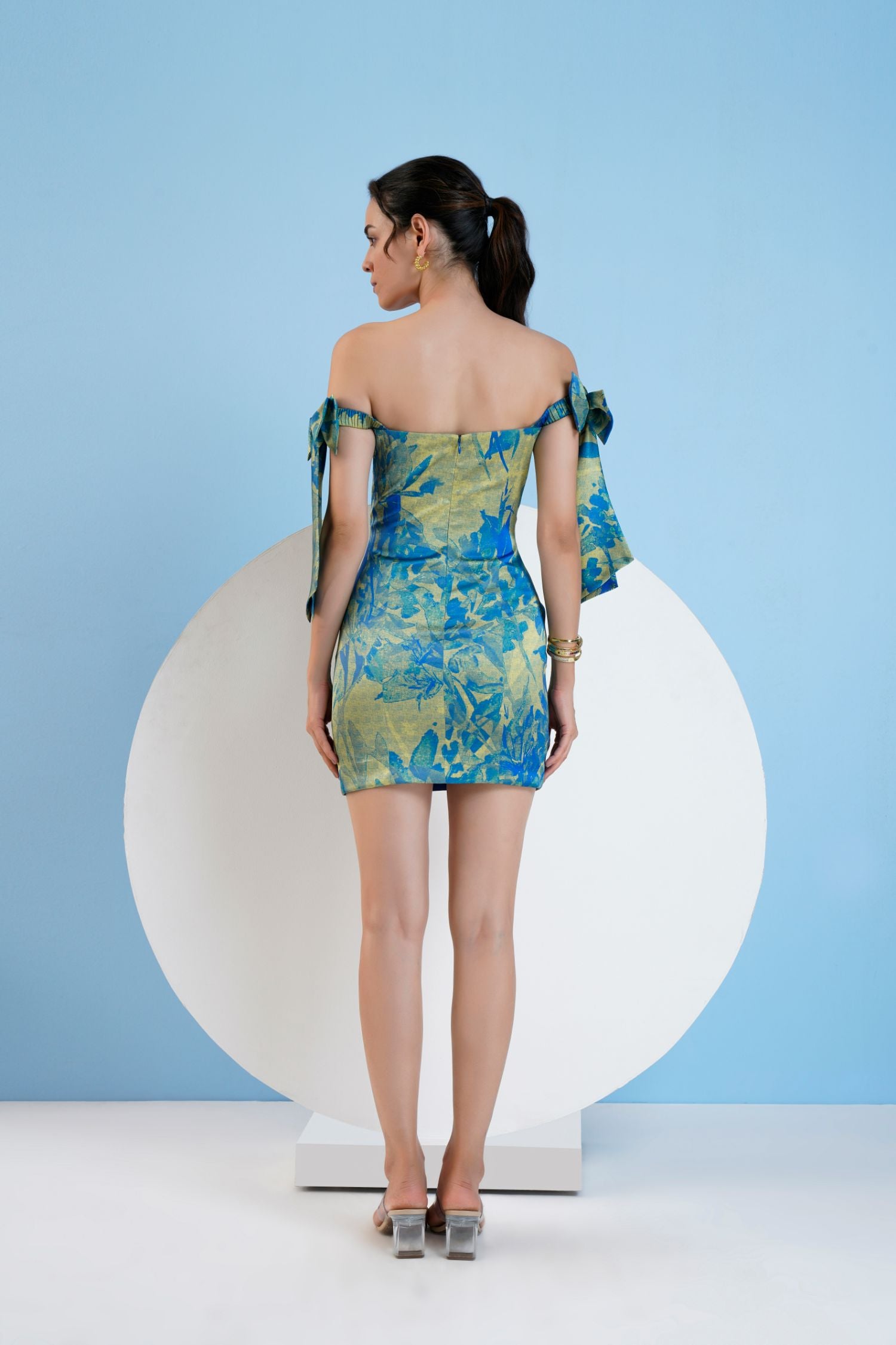 Printed Short Fitted Dress With Knotted Elastic Straps