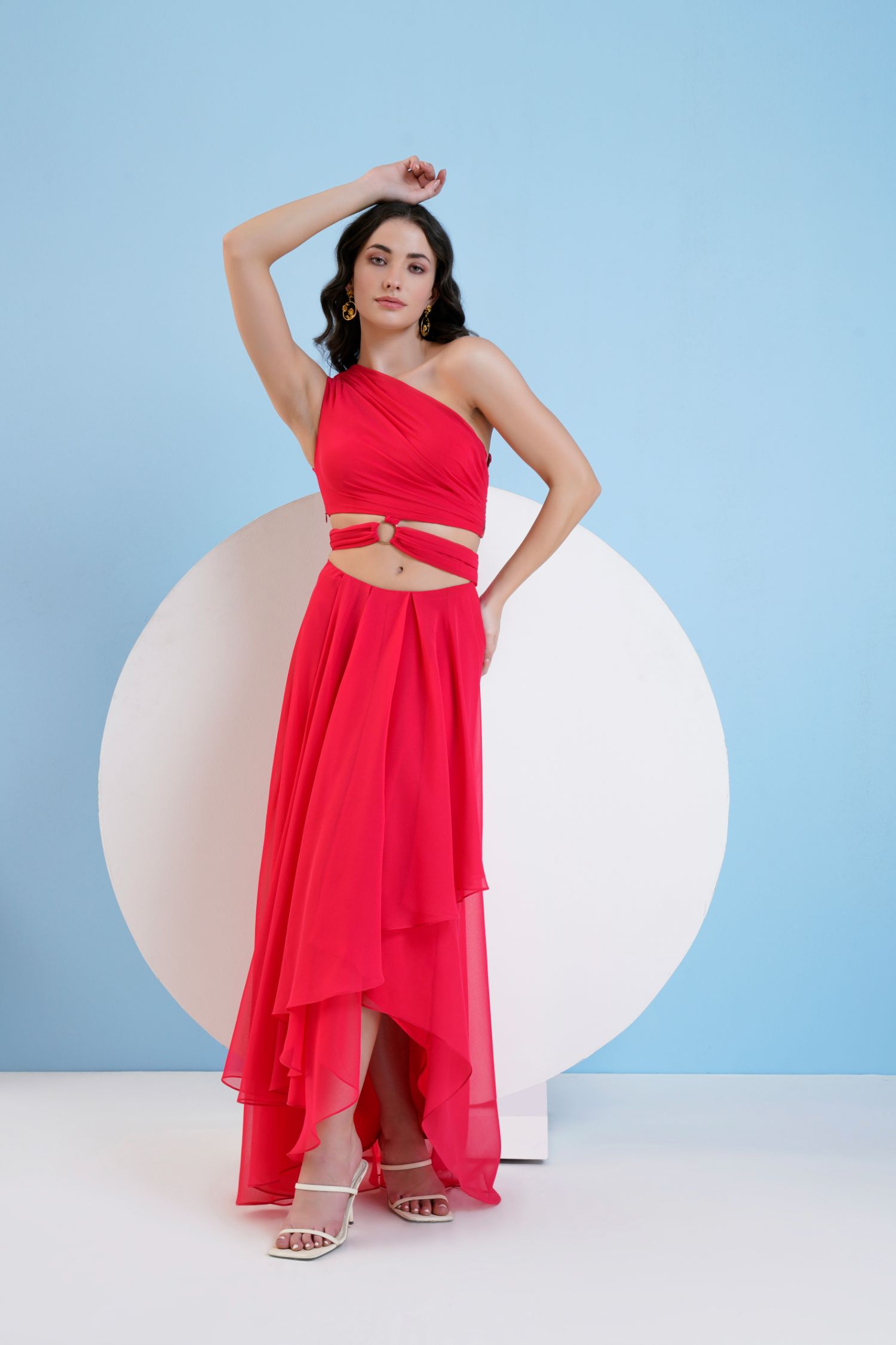 Red One Shoulder High Low Dress With Waist Cutout