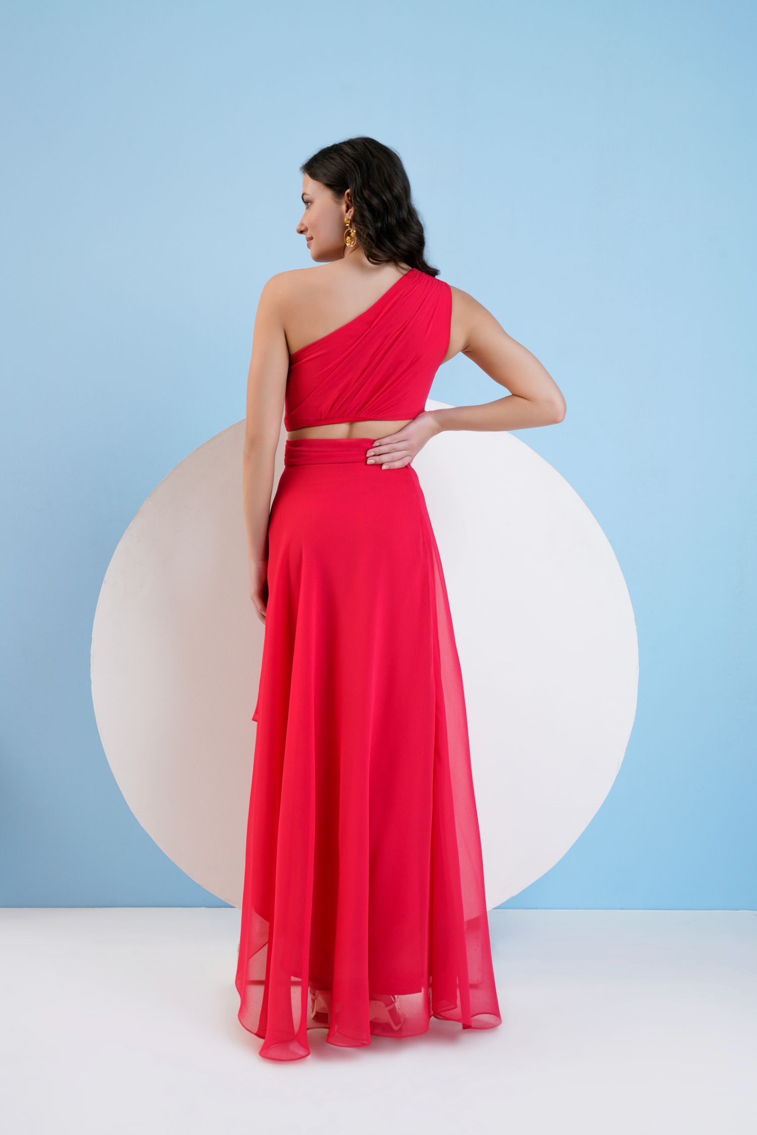 Red One Shoulder High Low Dress With Waist Cutout