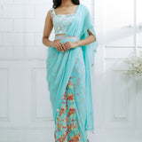 Aqua Embroidered printed Saree
