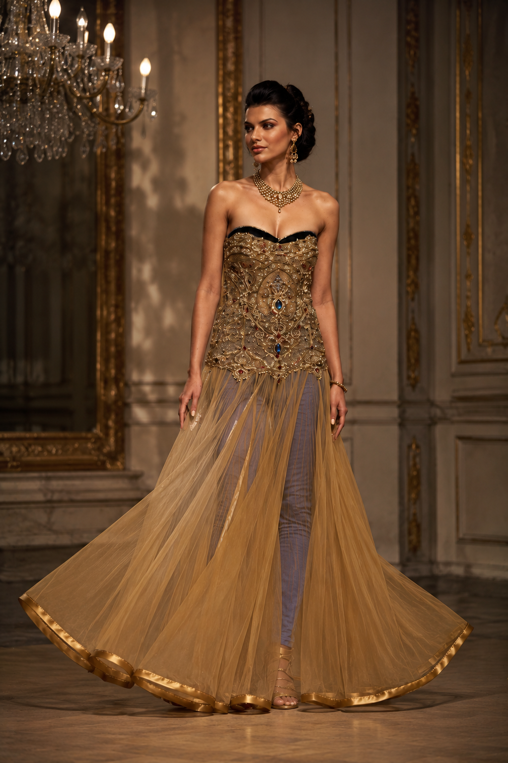 Radiating golden glamour, this strapless evening gown is a stunning play of structure and fluidity.