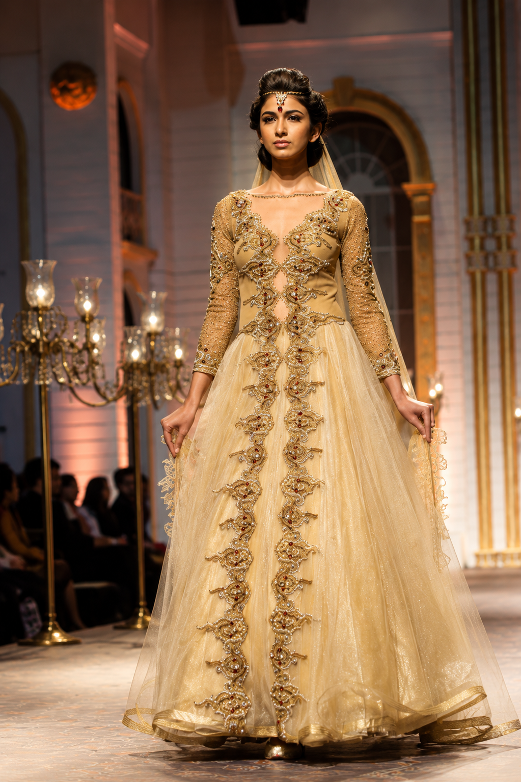 A model walks the runway wearing a long-sleeved beige and gold embellished Anarkali gown with a sheer tulle skirt, set against a grand indoor venue with candelabras.