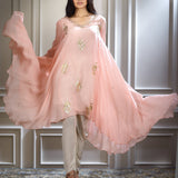 Peach Pink Foil Printed Hand Embroidered Kurta Set