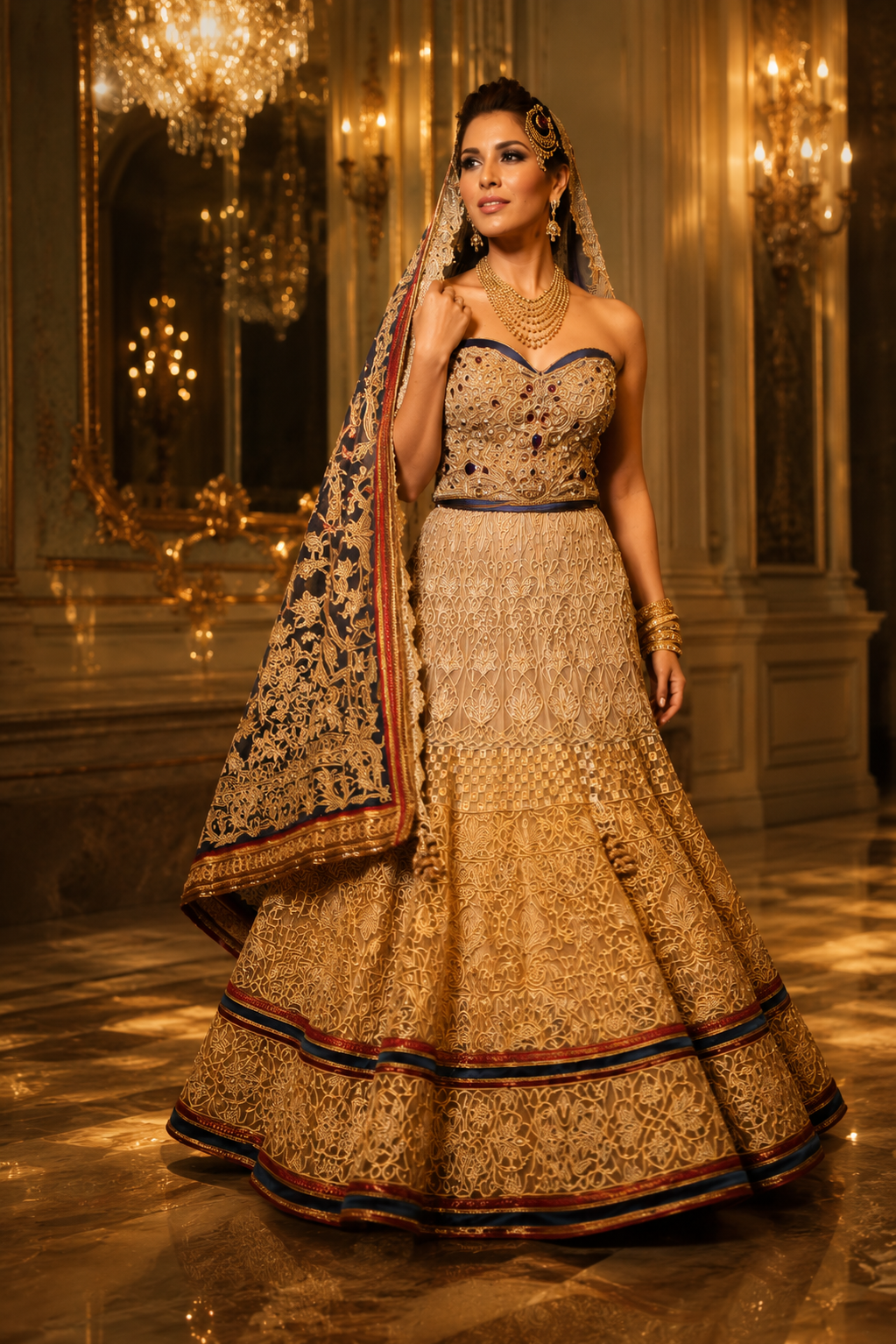 A woman models an ornate traditional Indian lehenga choli set in a grand, warmly lit palace hall. The outfit is heavily embellished with gold embroidery and sequins, featuring a strapless bodice, a full flared skirt, and a matching dupatta draped over her shoulder.
