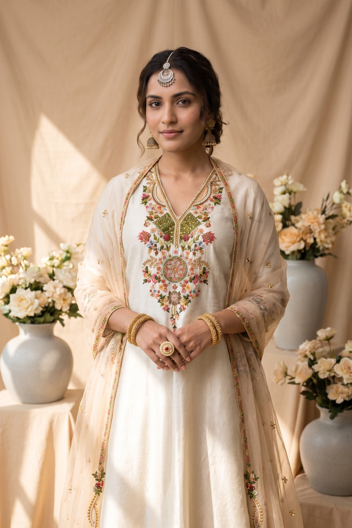 A traditional white salwar kameez suit displayed on a mannequin, featuring intricate multicolor floral embroidery on the chest and dupatta, set against a warm beige textured backdrop with decorative floral arrangements.
