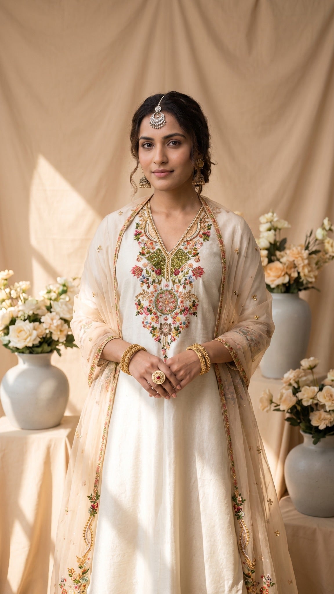 A traditional white salwar kameez suit displayed on a mannequin, featuring intricate multicolor floral embroidery on the chest and dupatta, set against a warm beige textured backdrop with decorative floral arrangements.